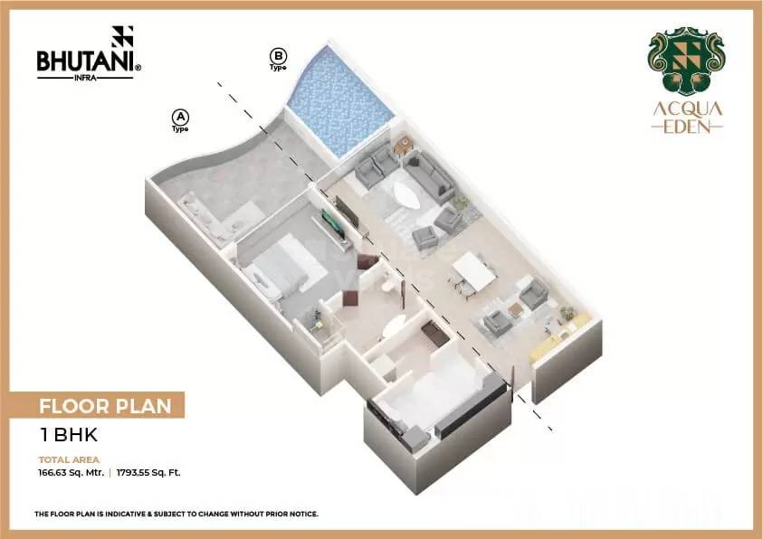 Floor plan of 1 BHK 1793 Sq. Ft. Apartment in Bhutani Acqua Eden, Goa