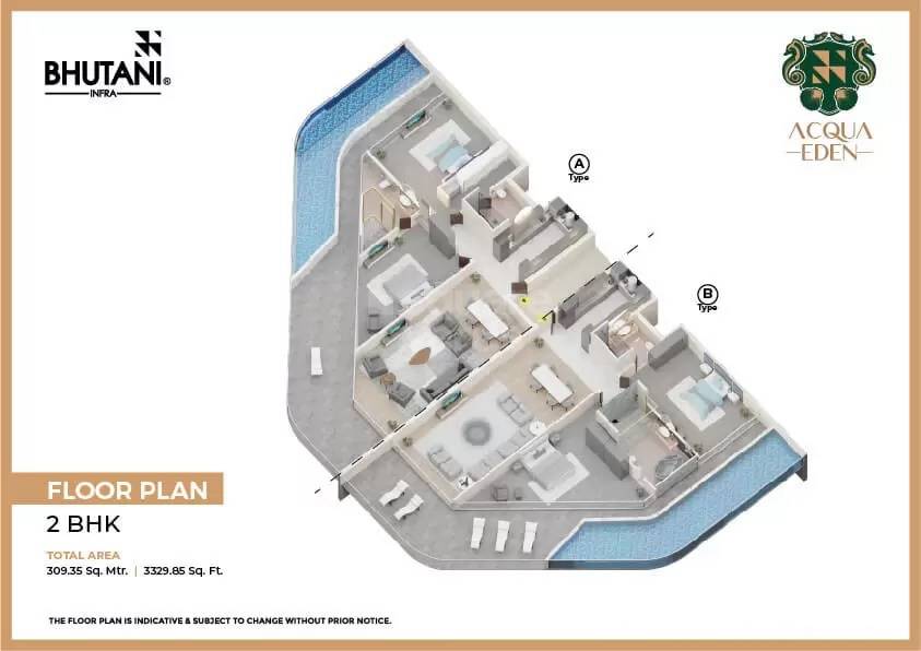 Floor plan of 2 BHK 3330 Sq. Ft. Apartment in Bhutani Acqua Eden, Goa