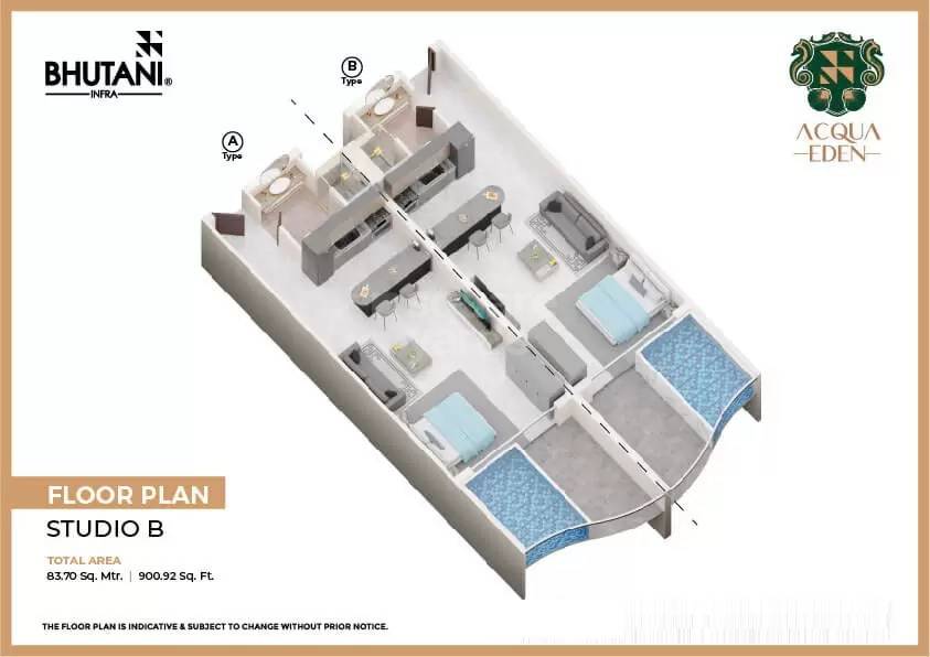 Floor plan of 901 Sq. Ft. Studio in Bhutani Acqua Eden, Goa