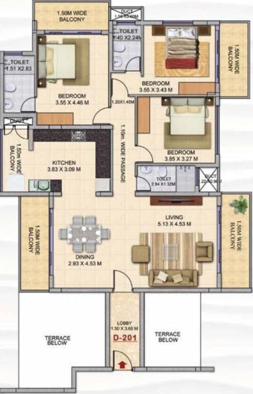 Floor plan of 3 BHK 1724 Sq. Ft. Apartment in Kolte Patil Mar Esmeralda, Goa