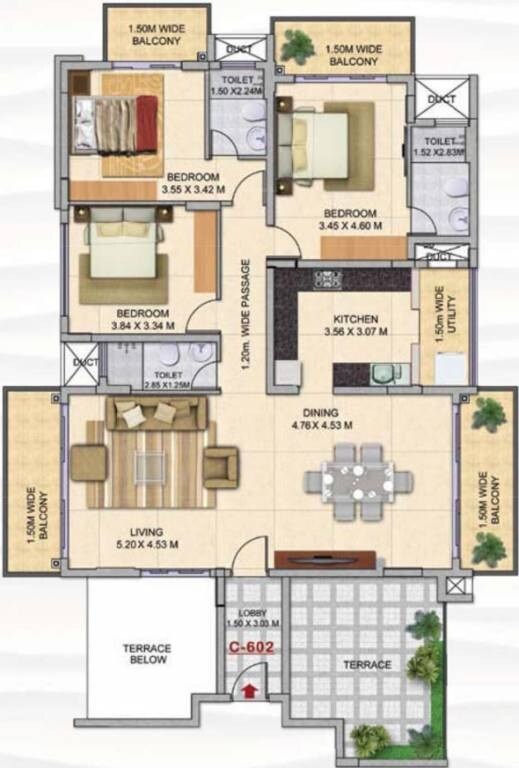 Floor plan of 3 BHK 1764 Sq. Ft. Apartment in Kolte Patil Mar Esmeralda, Goa