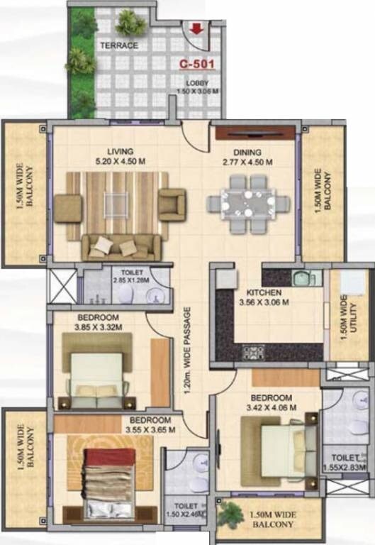 Floor plan of 3 BHK 1816 Sq. Ft. Apartment in Kolte Patil Mar Esmeralda, Goa