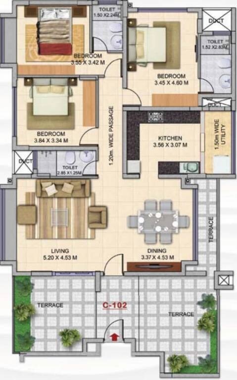 Floor plan of 3 BHK 1969 Sq. Ft. Apartment in Kolte Patil Mar Esmeralda, Goa