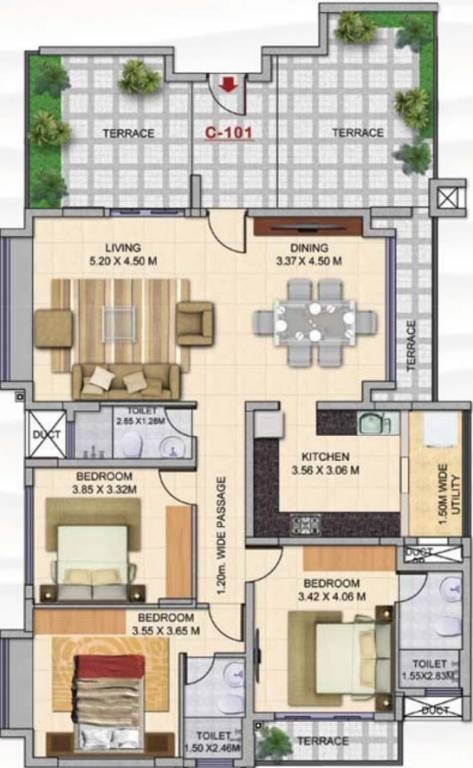 Floor plan of 3 BHK 1973 Sq. Ft. Apartment in Kolte Patil Mar Esmeralda, Goa