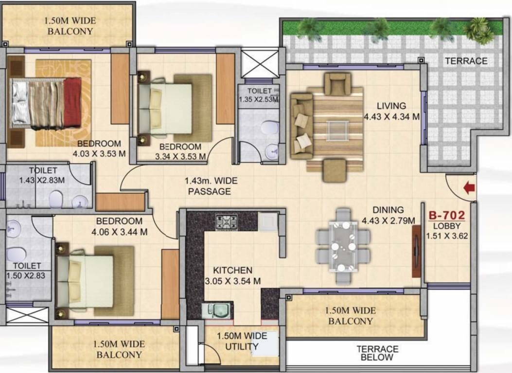 Floor plan of 3 BHK 2214 Sq. Ft. Apartment in Kolte Patil Mar Esmeralda, Goa