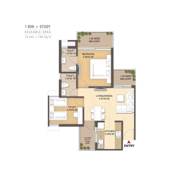Floor plan of 1 BHK 799 Sq. Ft. Apartment in Manglam Casa Amora, Goa