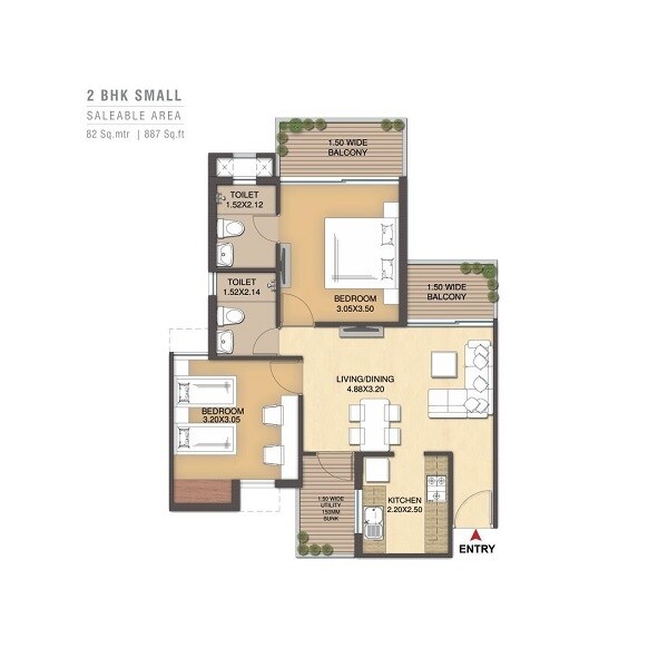 Floor plan of 2 BHK 887 Sq. Ft. Apartment in Manglam Casa Amora, Goa