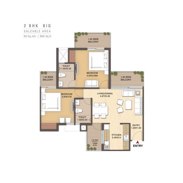 Floor plan of 2 BHK 969 Sq. Ft. Apartment in Manglam Casa Amora, Goa