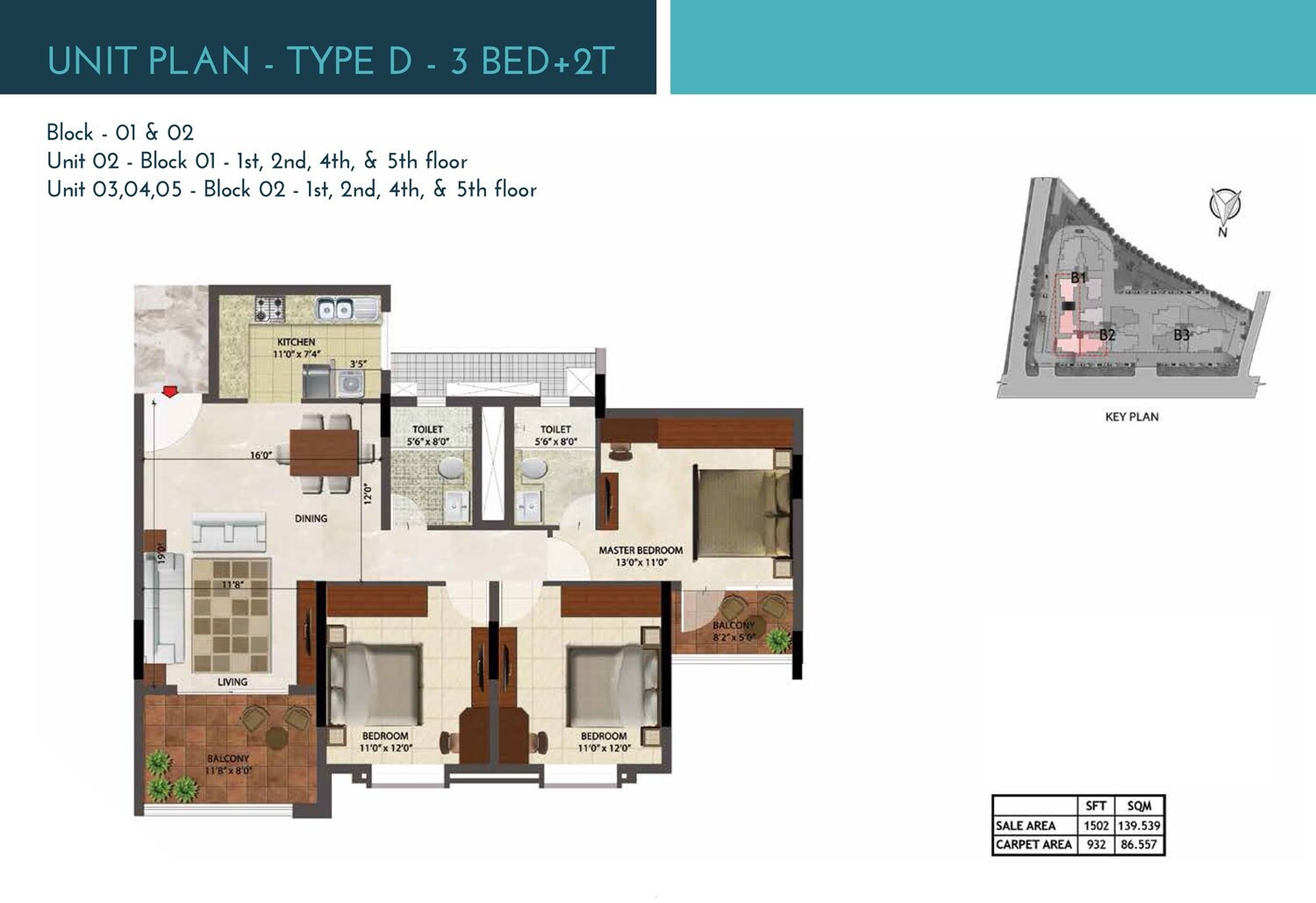 Floor plan of 3 BHK 932 Sq. Ft. Apartment in Prestige Ocean Crest, Goa