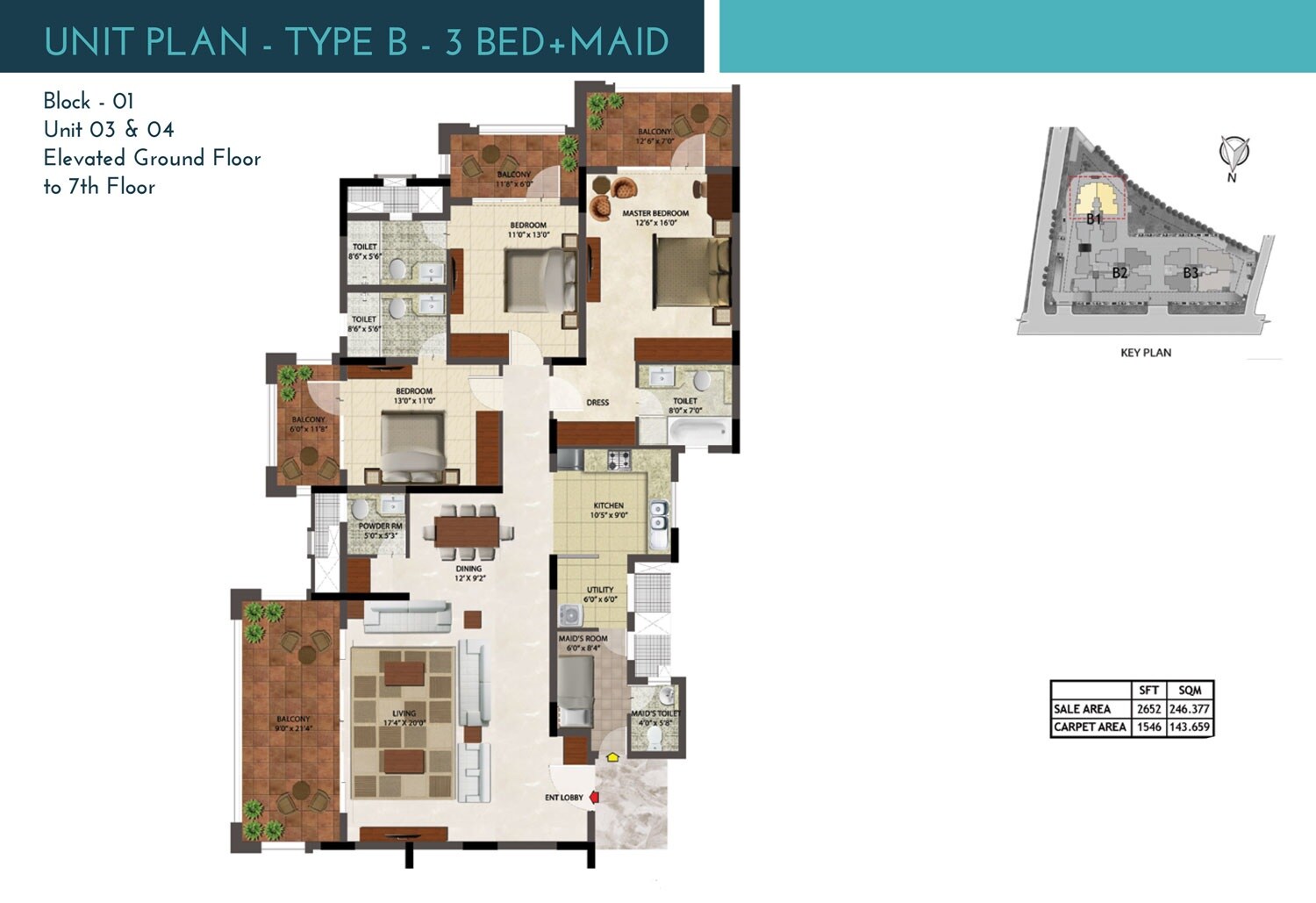 Floor plan of 3 BHK 1546 Sq. Ft. Apartment in Prestige Ocean Crest, Goa