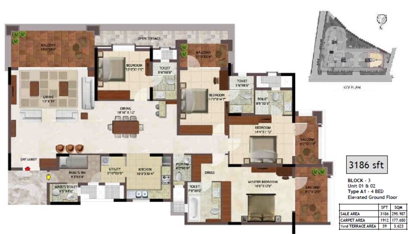 Floor plan of 4 BHK 1912 Sq. Ft. Apartment in Prestige Ocean Crest, Goa