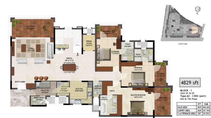 Floor plan of 4 BHK 2669 Sq. Ft. Apartment in Prestige Ocean Crest, Goa
