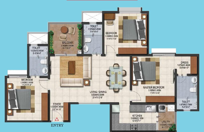 3 BHK 970 Sq. Ft. Apartment