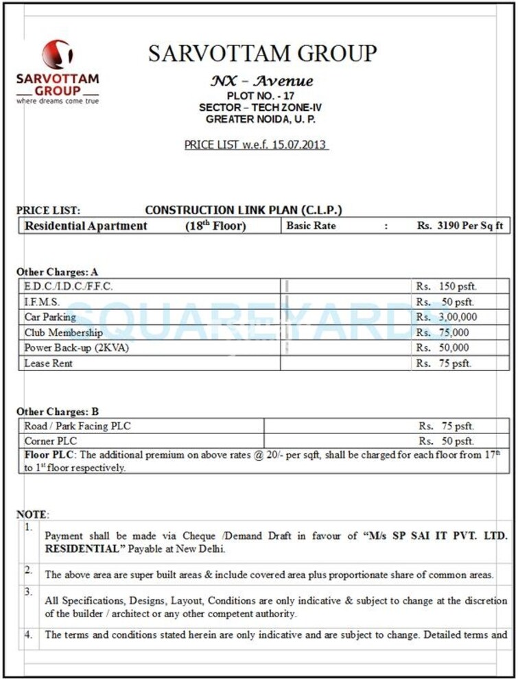 Sarvottam NX One Payment Plan Image