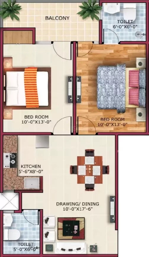 Floor plan of 2 BHK 1010 Sq. Ft. Apartment in A V Vihaan Galaxy, Greater Noida