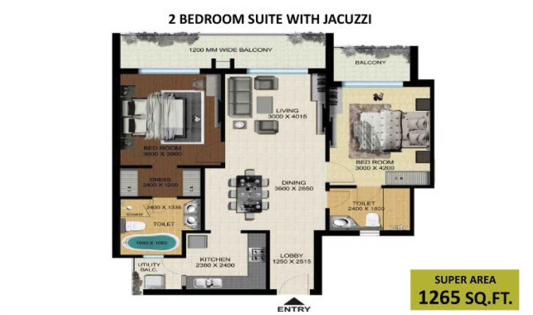 Floor plan of 2 BHK 1265 Sq. Ft. Apartment in Aarcity Regency Park, Greater Noida