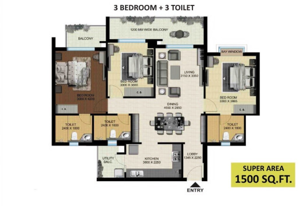 Floor plan of 3 BHK 1500 Sq. Ft. Apartment in Aarcity Regency Park, Greater Noida