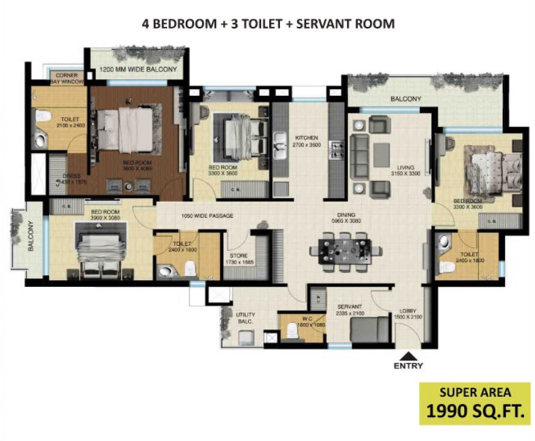 Floor plan of 4 BHK 1990 Sq. Ft. Apartment in Aarcity Regency Park, Greater Noida