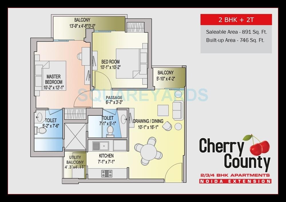 Floor plan of 2 BHK 891 Sq. Ft. Apartment in ABA Cherry County, Greater Noida