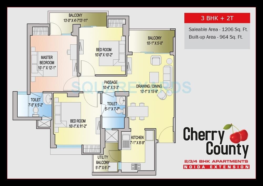 Floor plan of 3 BHK 1206 Sq. Ft. Apartment in ABA Cherry County, Greater Noida