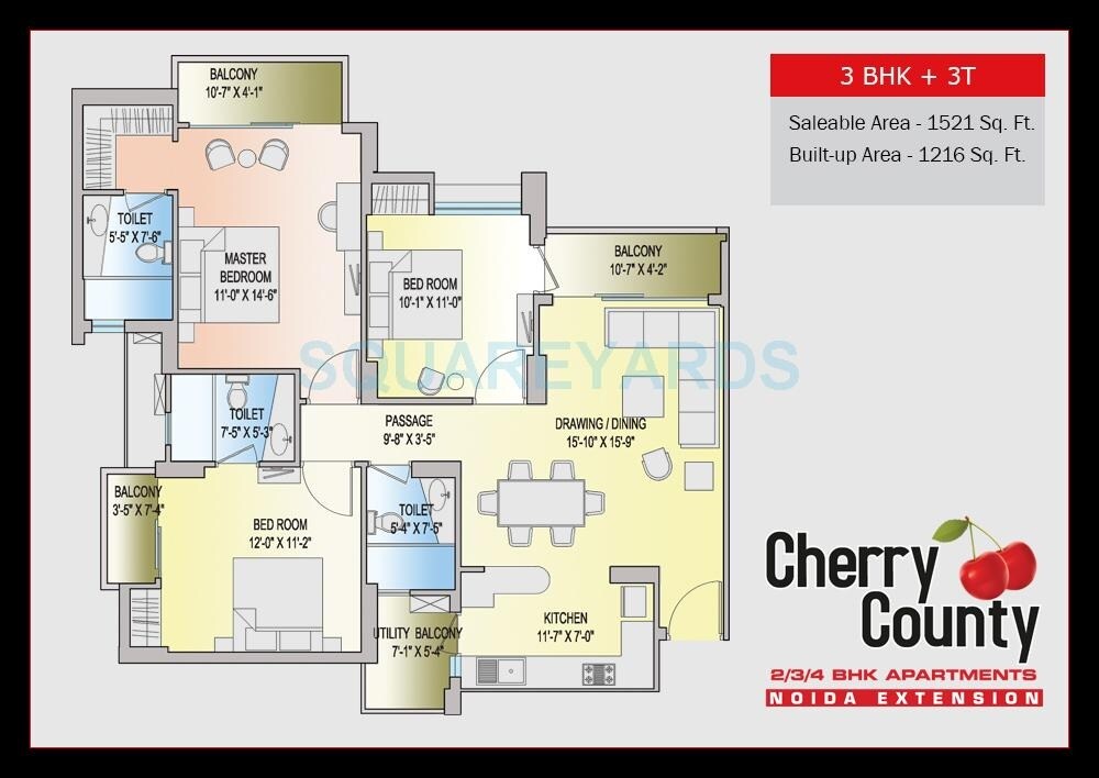 Floor plan of 3 BHK 1521 Sq. Ft. Apartment in ABA Cherry County, Greater Noida