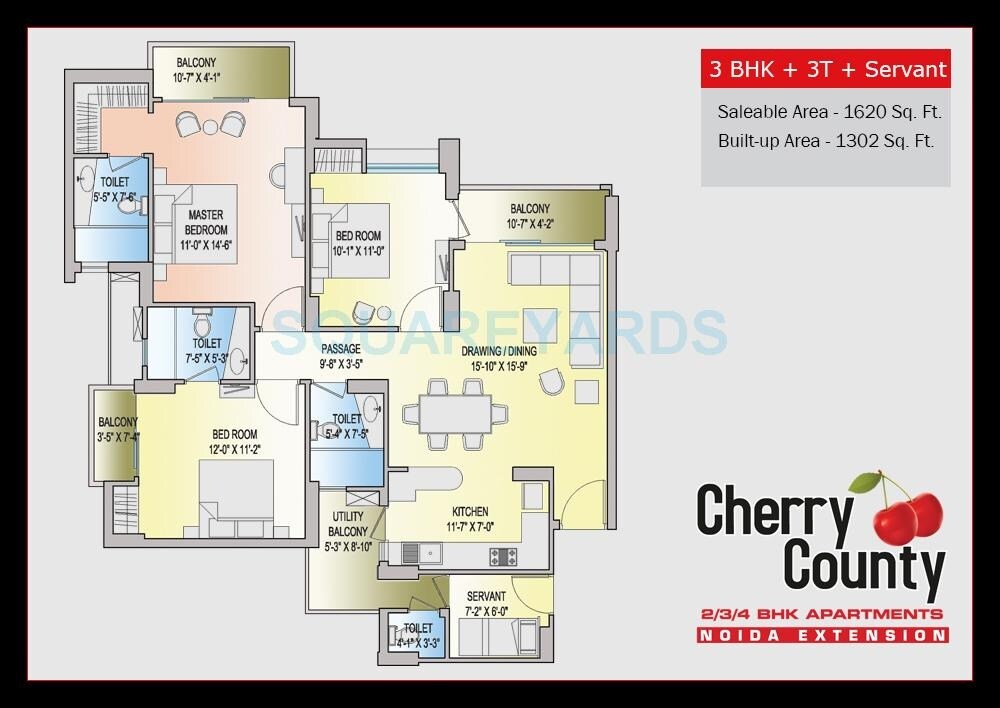 Floor plan of 3 BHK 1620 Sq. Ft. Apartment in ABA Cherry County, Greater Noida
