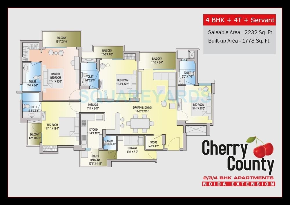 Floor plan of 4 BHK 2232 Sq. Ft. Apartment in ABA Cherry County, Greater Noida