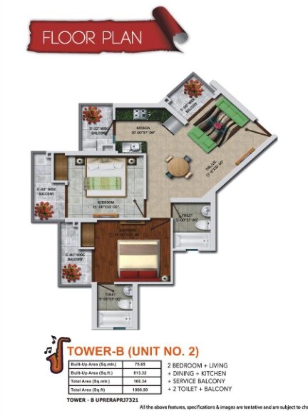 Floor plan of 2 BHK 1080 Sq. Ft. Apartment in ABCZ Rhythm Country, Greater Noida