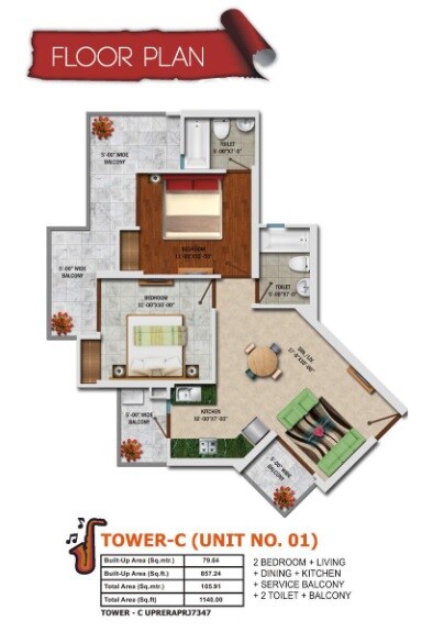 Floor plan of 2 BHK 1140 Sq. Ft. Apartment in ABCZ Rhythm Country, Greater Noida