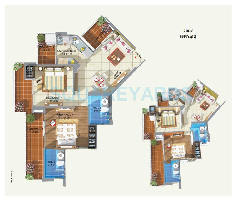 Floor plan of 2 BHK 997 Sq. Ft. Apartment in ABCZ Rhythm Country, Greater Noida