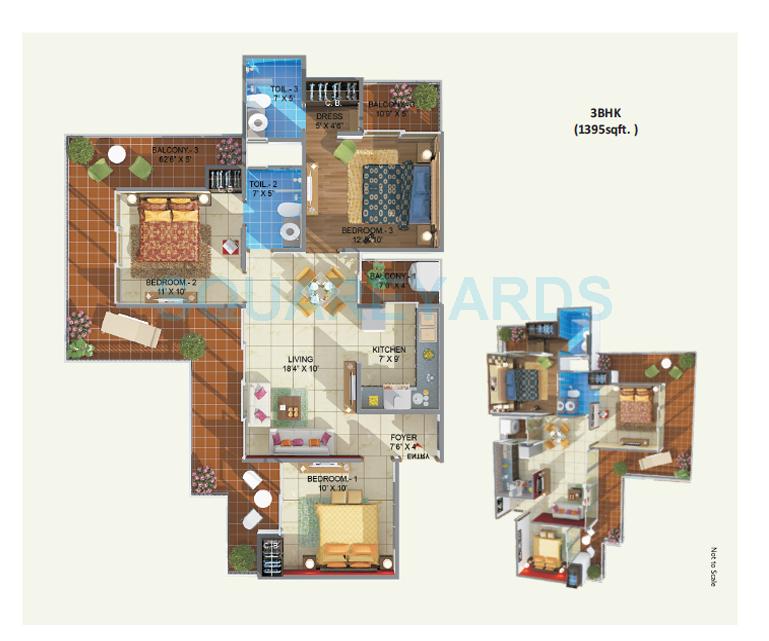Floor plan of 3 BHK 1395 Sq. Ft. Apartment in ABCZ Rhythm Country, Greater Noida