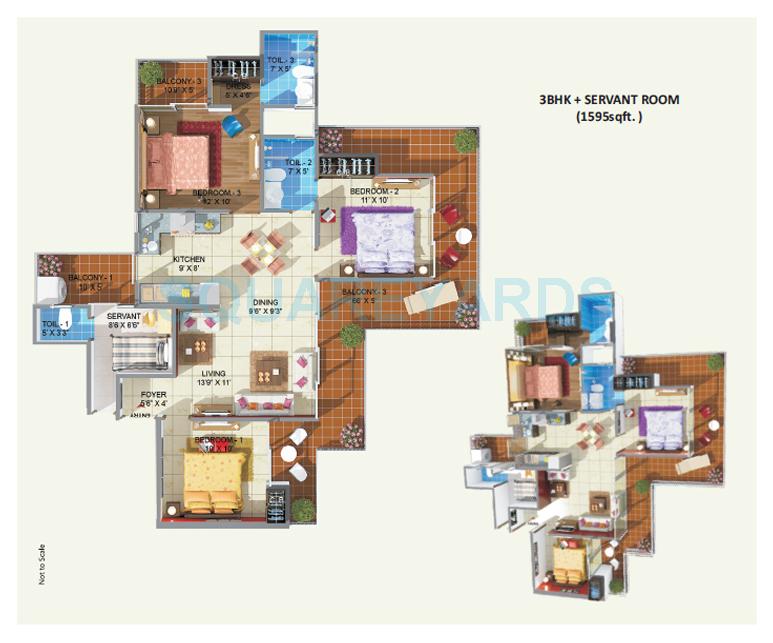 Floor plan of 3 BHK 1595 Sq. Ft. Apartment in ABCZ Rhythm Country, Greater Noida
