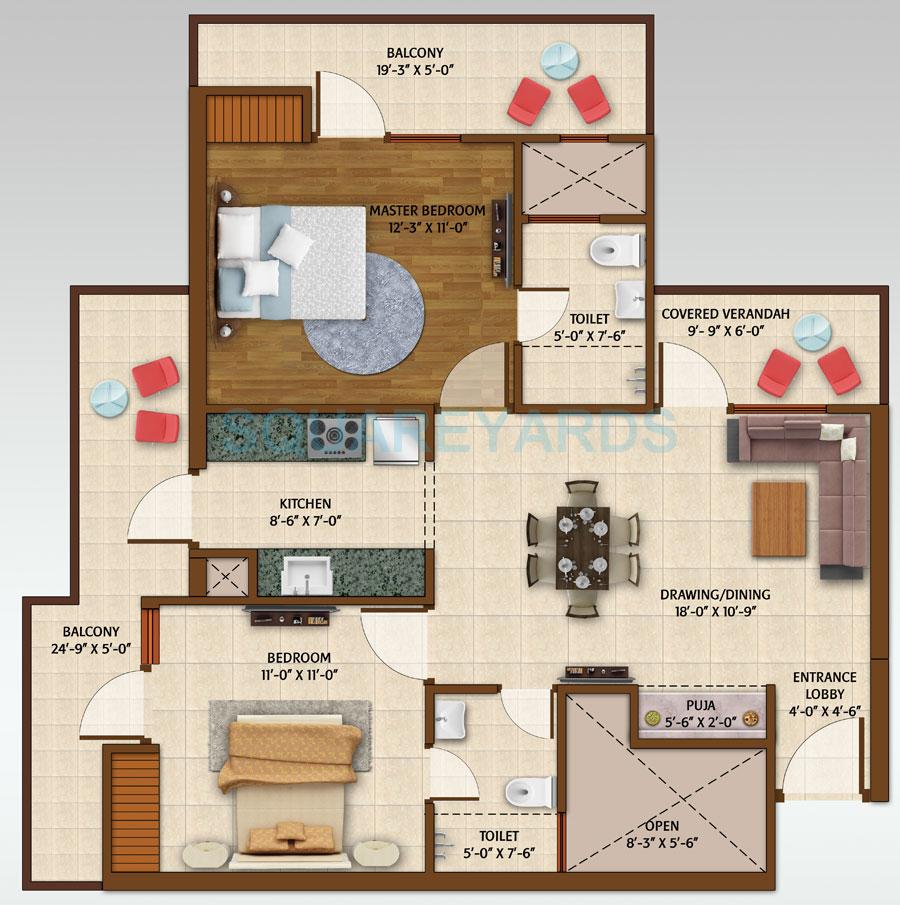 Floor plan of 2 BHK 1160 Sq. Ft. Apartment in ACE Aspire, Greater Noida