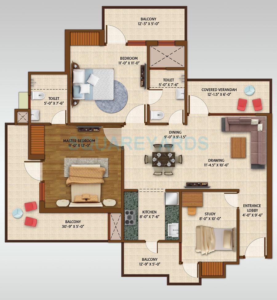 Floor plan of 2 BHK 1365 Sq. Ft. Apartment in ACE Aspire, Greater Noida