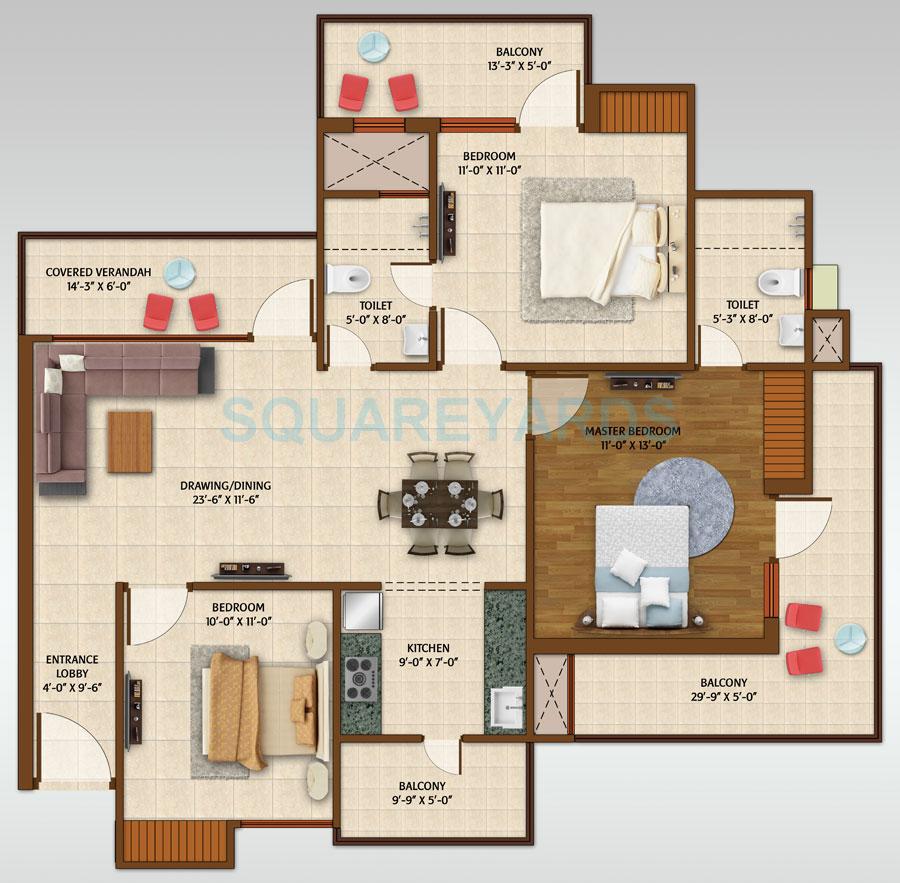 Floor plan of 3 BHK 1595 Sq. Ft. Apartment in ACE Aspire, Greater Noida