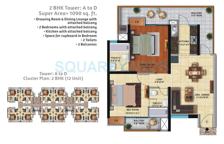 Floor plan of 2 BHK 1090 Sq. Ft. Apartment in Ace City, Greater Noida