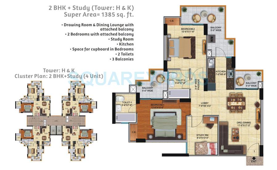Floor plan of 2 BHK 1385 Sq. Ft. Apartment in Ace City, Greater Noida