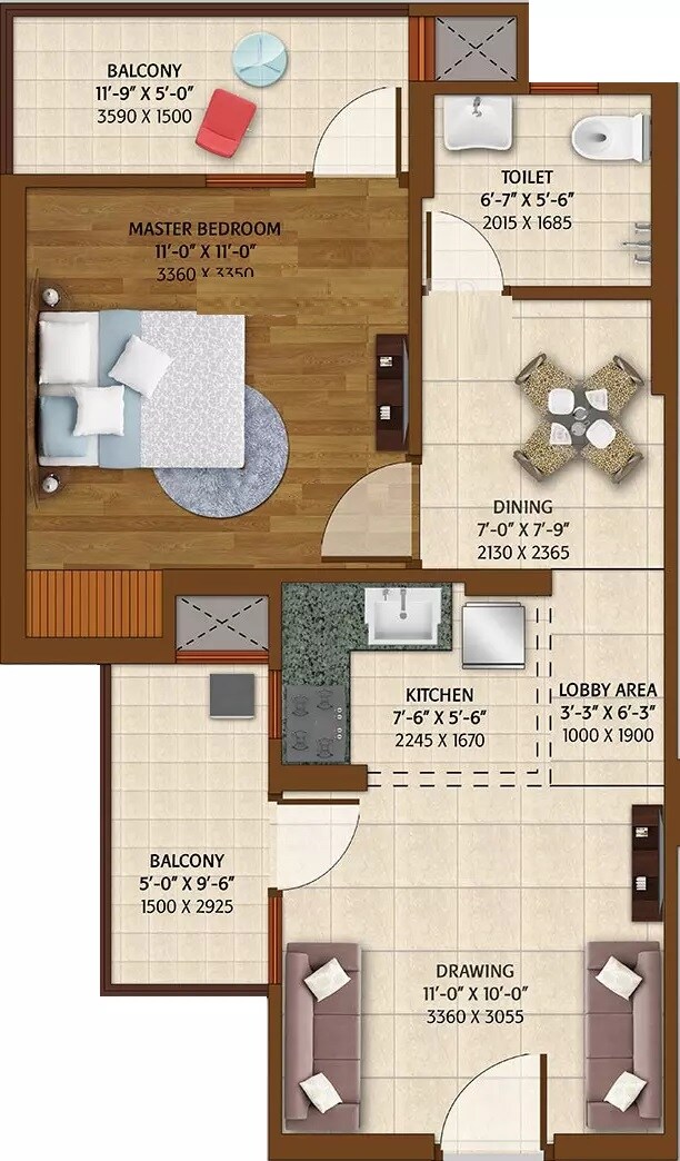 Floor plan of 1 BHK 700 Sq. Ft. Apartment in ACE Platinum, Greater Noida