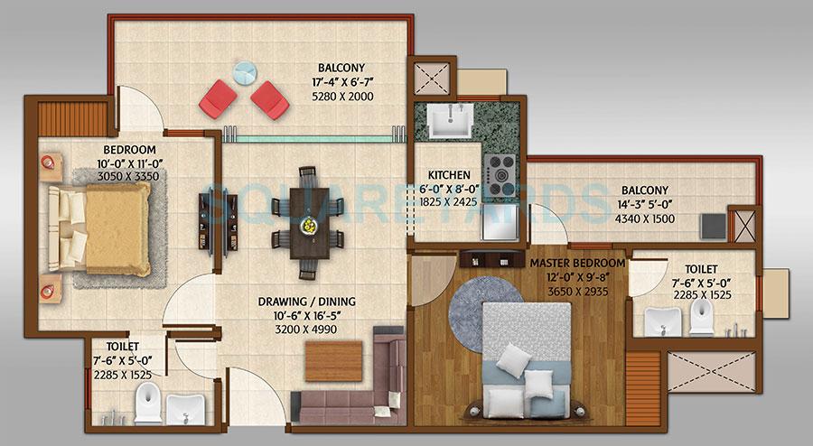 Floor plan of 2 BHK 1050 Sq. Ft. Apartment in ACE Platinum, Greater Noida