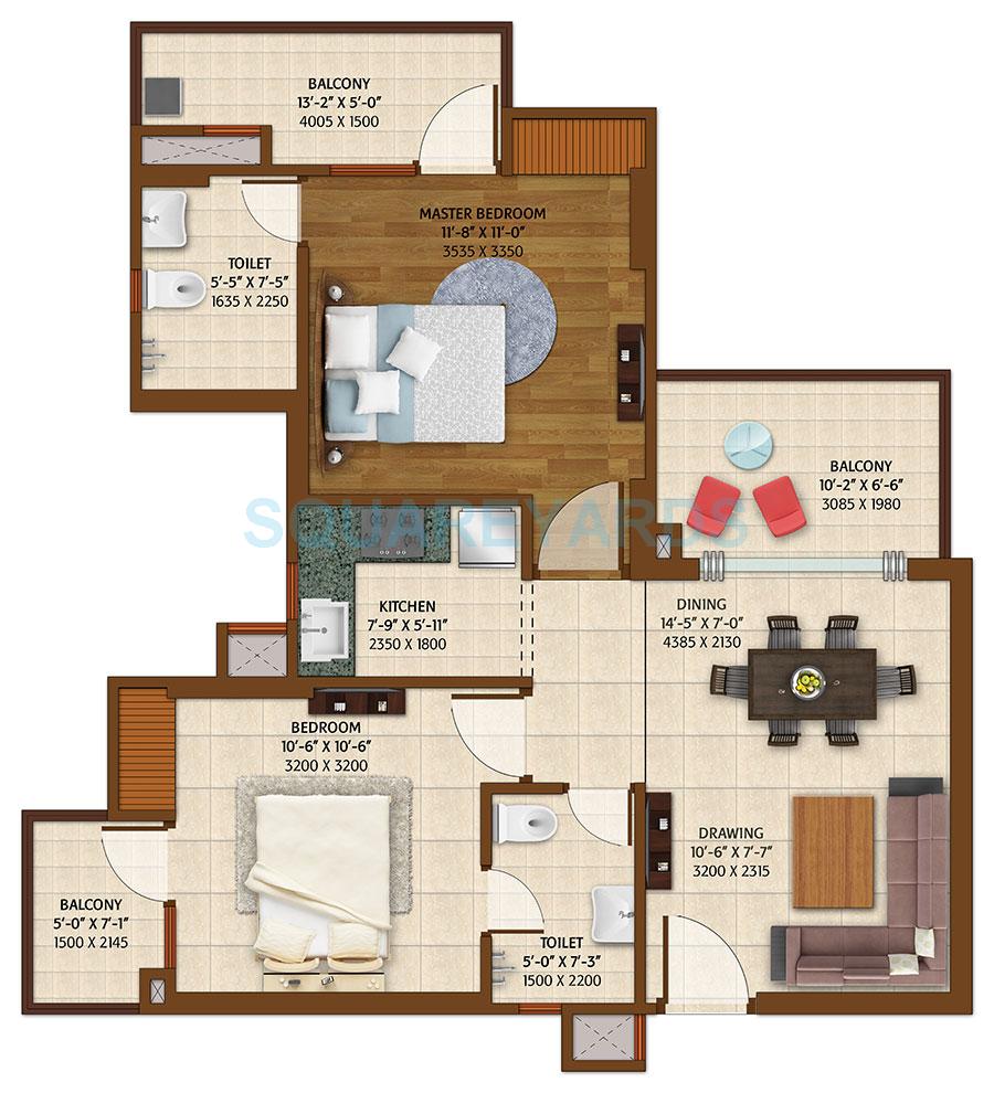 Floor plan of 2 BHK 1150 Sq. Ft. Apartment in ACE Platinum, Greater Noida