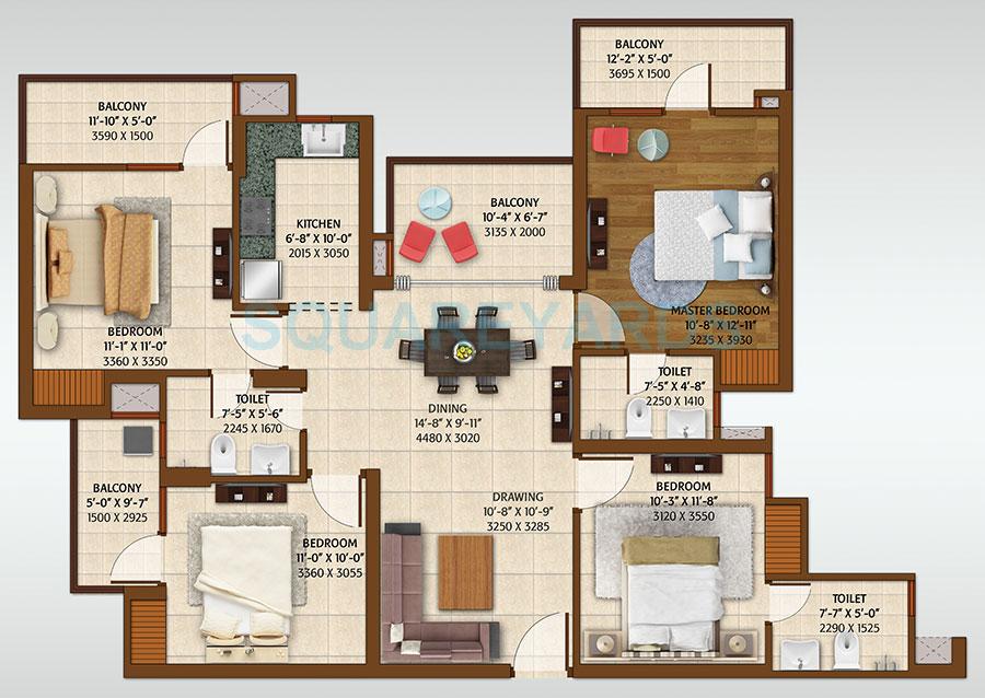 Floor plan of 4 BHK 1950 Sq. Ft. Apartment in ACE Platinum, Greater Noida
