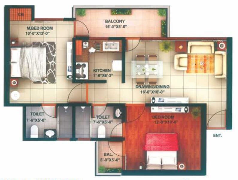 Floor plan of 2 BHK 1080 Sq. Ft. Apartment in AFOWO Raksha Addela, Greater Noida