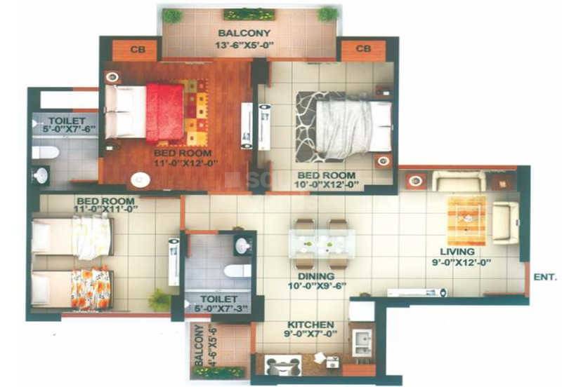Floor plan of 3 BHK 1340 Sq. Ft. Apartment in AFOWO Raksha Addela, Greater Noida