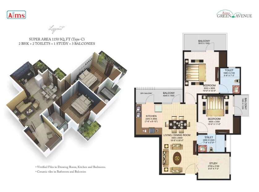 Floor plan of 2 BHK 1150 Sq. Ft. Apartment in Aims Greens Avenue, Greater Noida