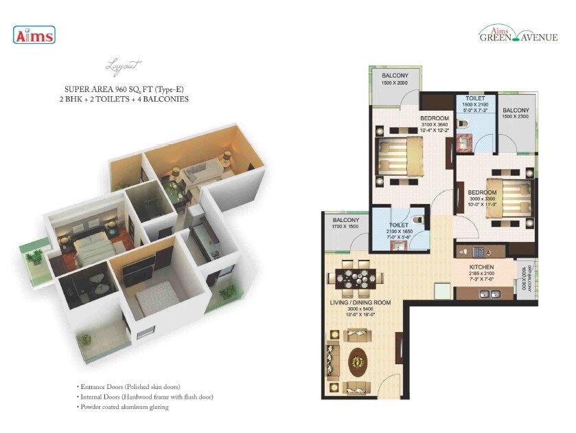 Floor plan of 2 BHK 960 Sq. Ft. Apartment in Aims Greens Avenue, Greater Noida