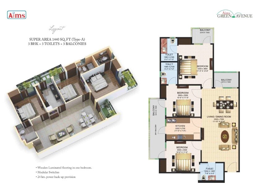 Floor plan of 3 BHK 1440 Sq. Ft. Apartment in Aims Greens Avenue, Greater Noida