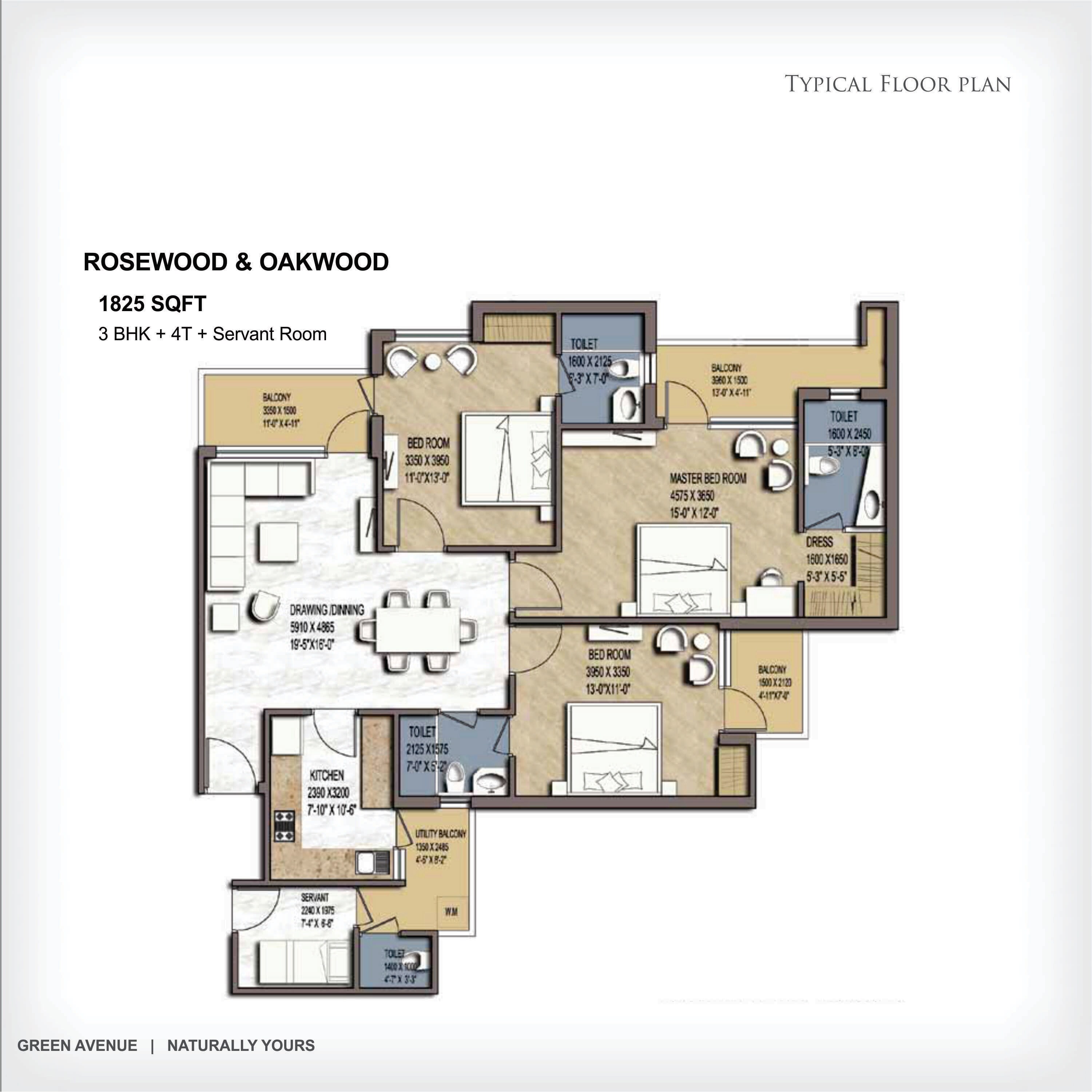 Floor plan of 3 BHK 1825 Sq. Ft. Apartment in Airwil Green Avenue, Greater Noida