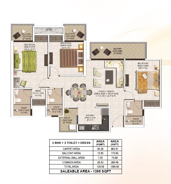 Floor plan of 3 BHK 1395 Sq. Ft. Apartment in Ajnara City, Greater Noida
