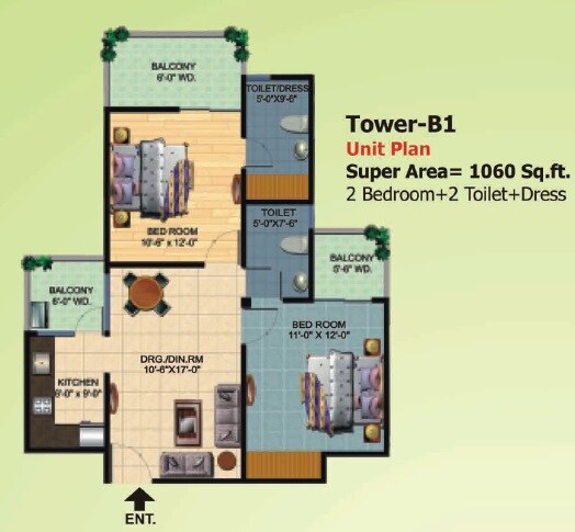 Floor plan of 2 BHK 1060 Sq. Ft. Apartment in Ajnara Homes, Greater Noida