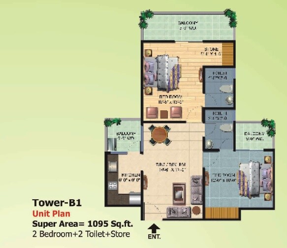 Floor plan of 2 BHK 1095 Sq. Ft. Apartment in Ajnara Homes, Greater Noida